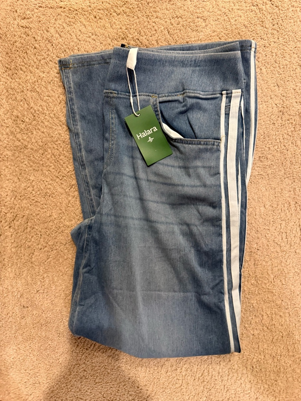 HALARA Light Blue Slim Straight Jeans with White Side Stripes